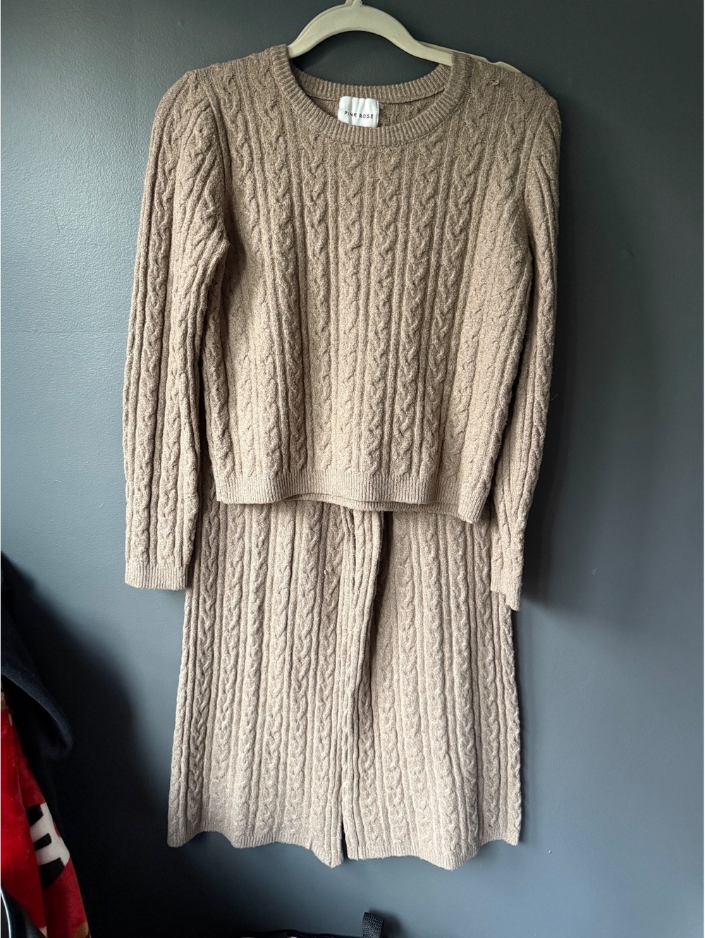 Pink Rose Tan Cable Knit Sweater and Pants Set Medium